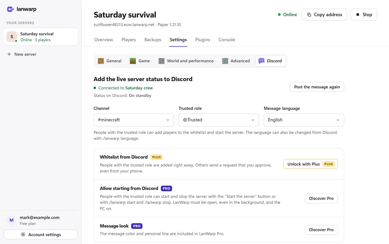 The LanWarp app: Connect the LanWarp bot to a channel of your Discord server.