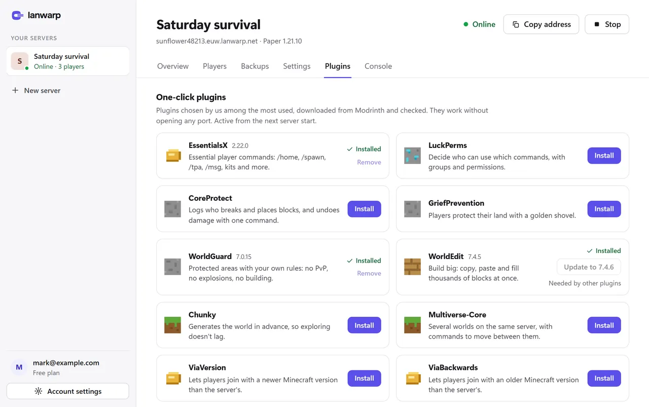 The LanWarp app: Install plugins from the catalog in one click.